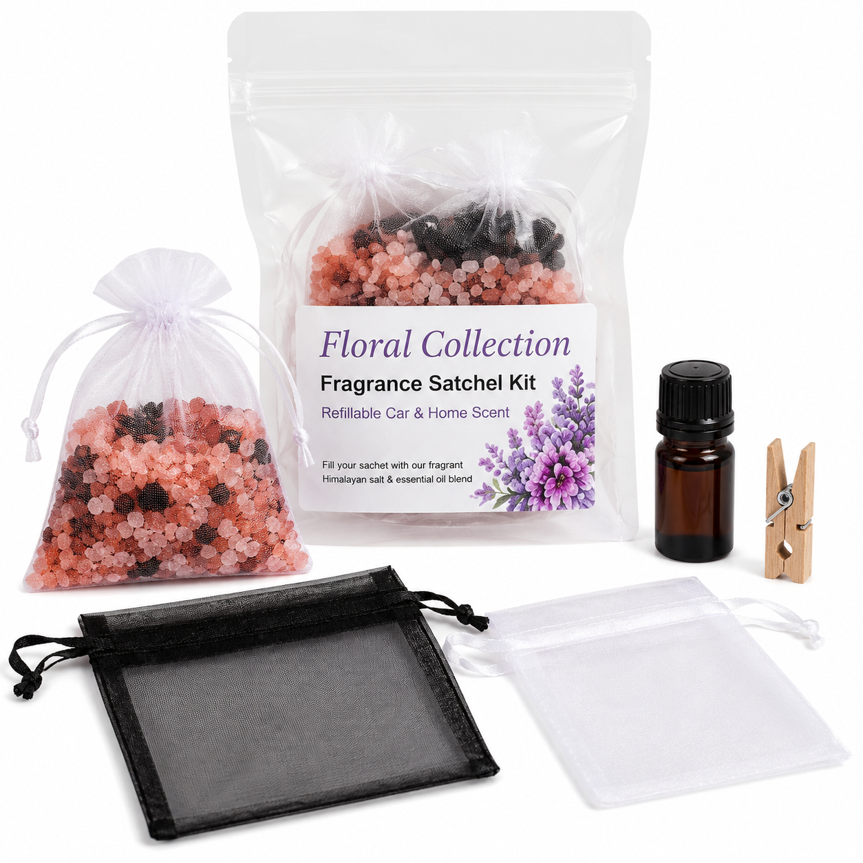 Floral Collection Fragrance Satchel Kit with essential oil bottle and clothespin on a white background