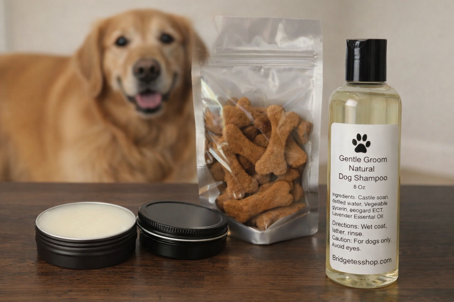 Dog Treat Gift Set Peanut Butter Pumpkin Treats, Groom Shampoo and Paw Balm Bundle