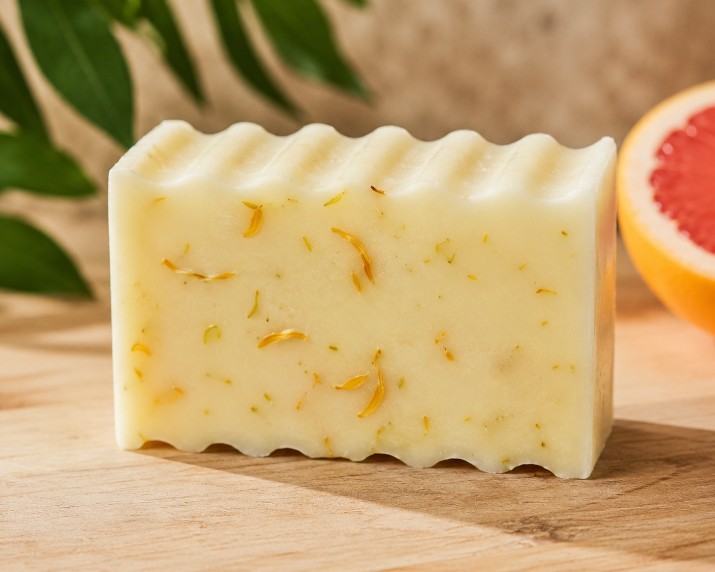 A rectangular bar of pale yellow soap with a wavy top edge, speckled with small orange-yellow botanical pieces, standing on a wooden surface with green leaves and a grapefruit slice in the background.