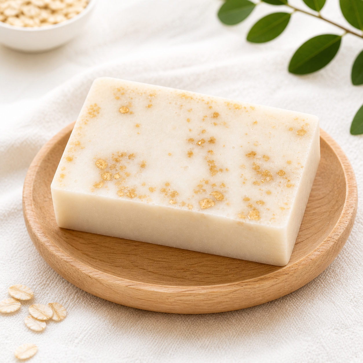 Bar of soap with oatmeal pieces on a wooden plate with a white background