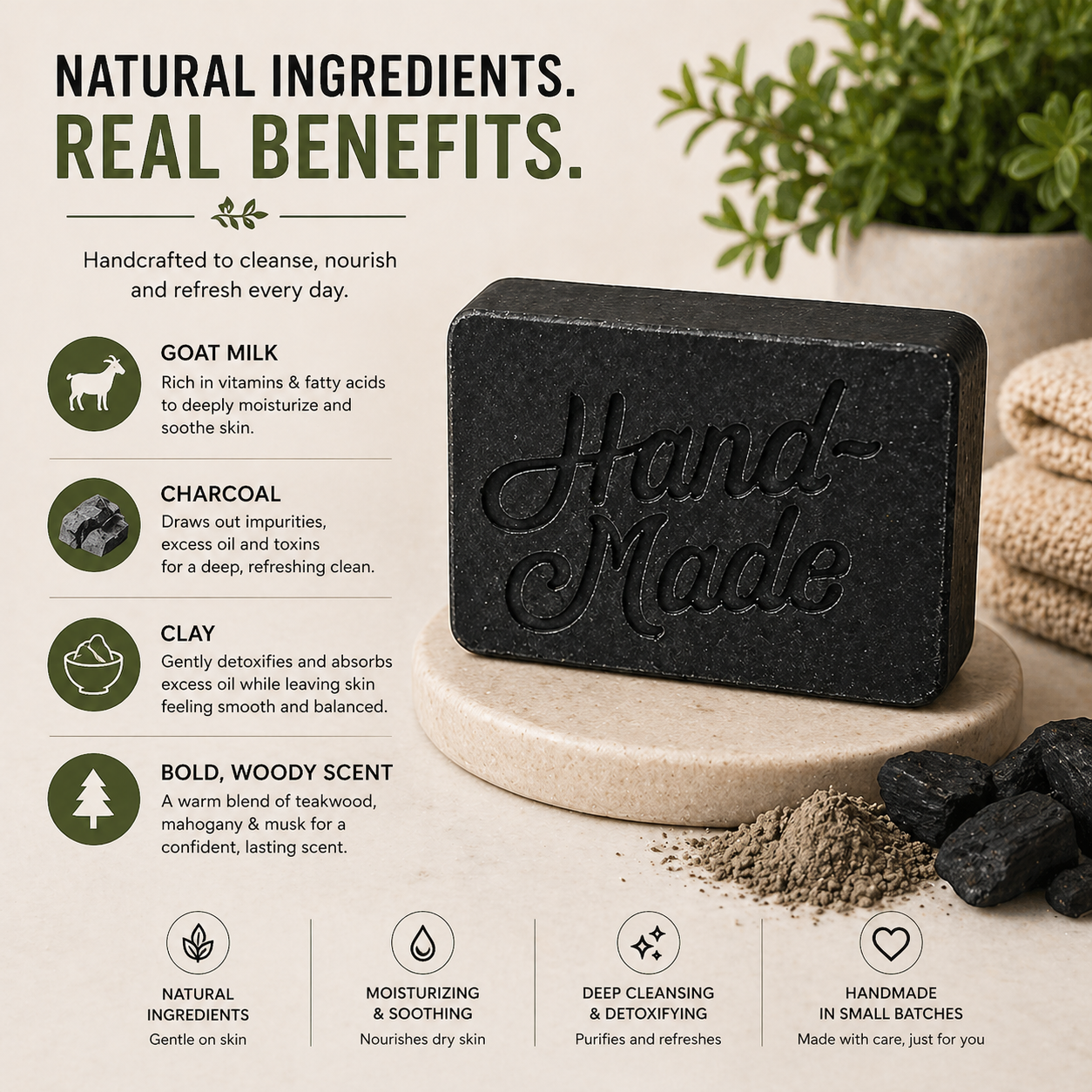 Clay & Charcoal Goat Milk Bar Soap Scented with Teakwood and Mahogany