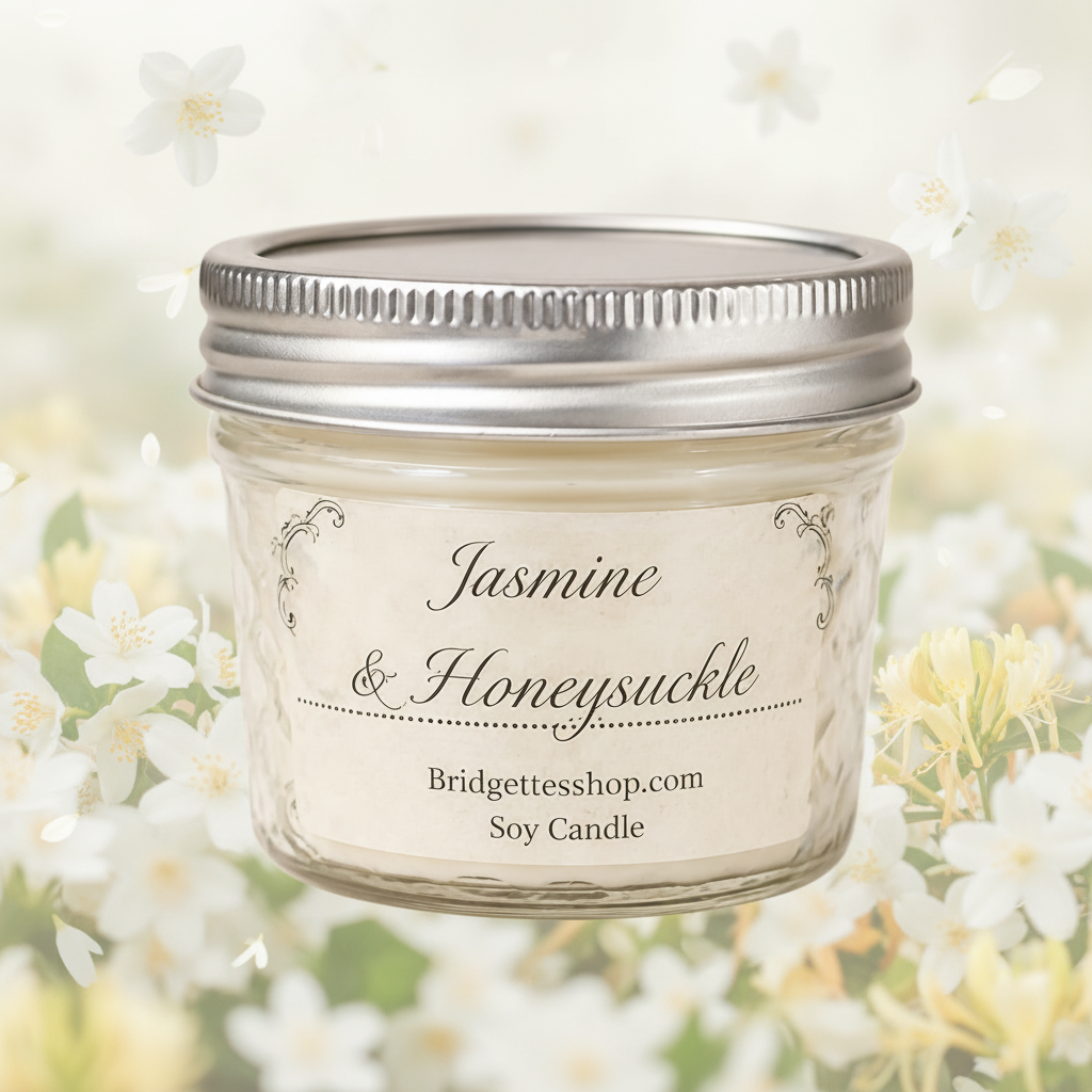 Jar of Jasmine & Honeysuckle candle with floral background