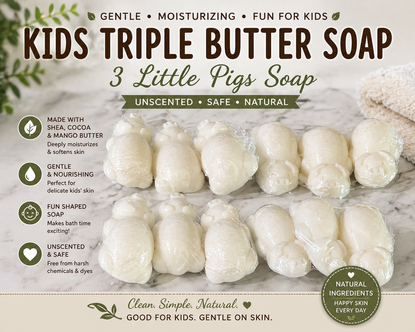 Packaging of Kids Triple Butter Soap with '3 Little Pigs Soap' on a neutral background