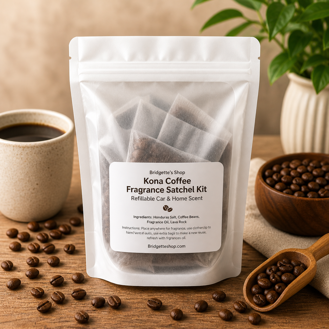 Kona Coffee Fragrance Satchel Kit packaging with coffee beans and a cup on a wooden surface.