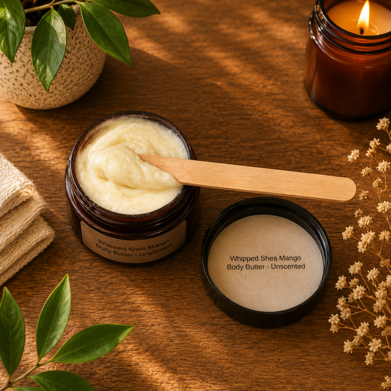 Whipped shea mango body butter jar with wooden applicator on a wooden surface.