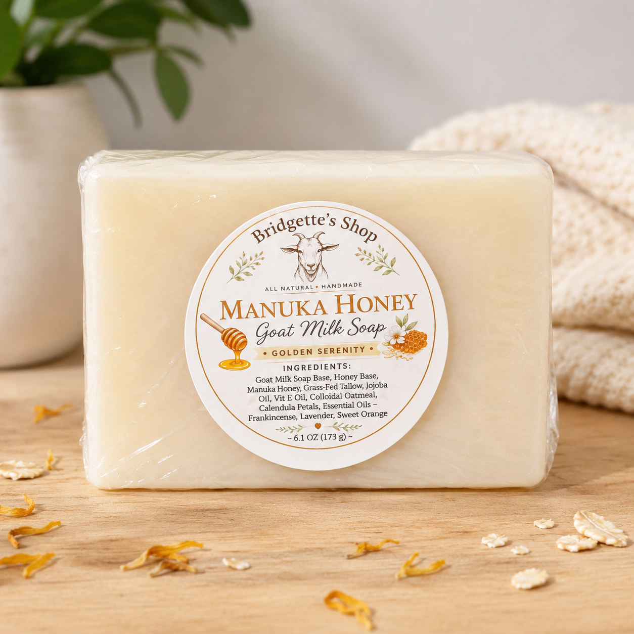 Luxury Manuka honey goat milk tallow soap bar with frankincense, lavender and sweet orange essential oils, handmade by Bridgette's Shop