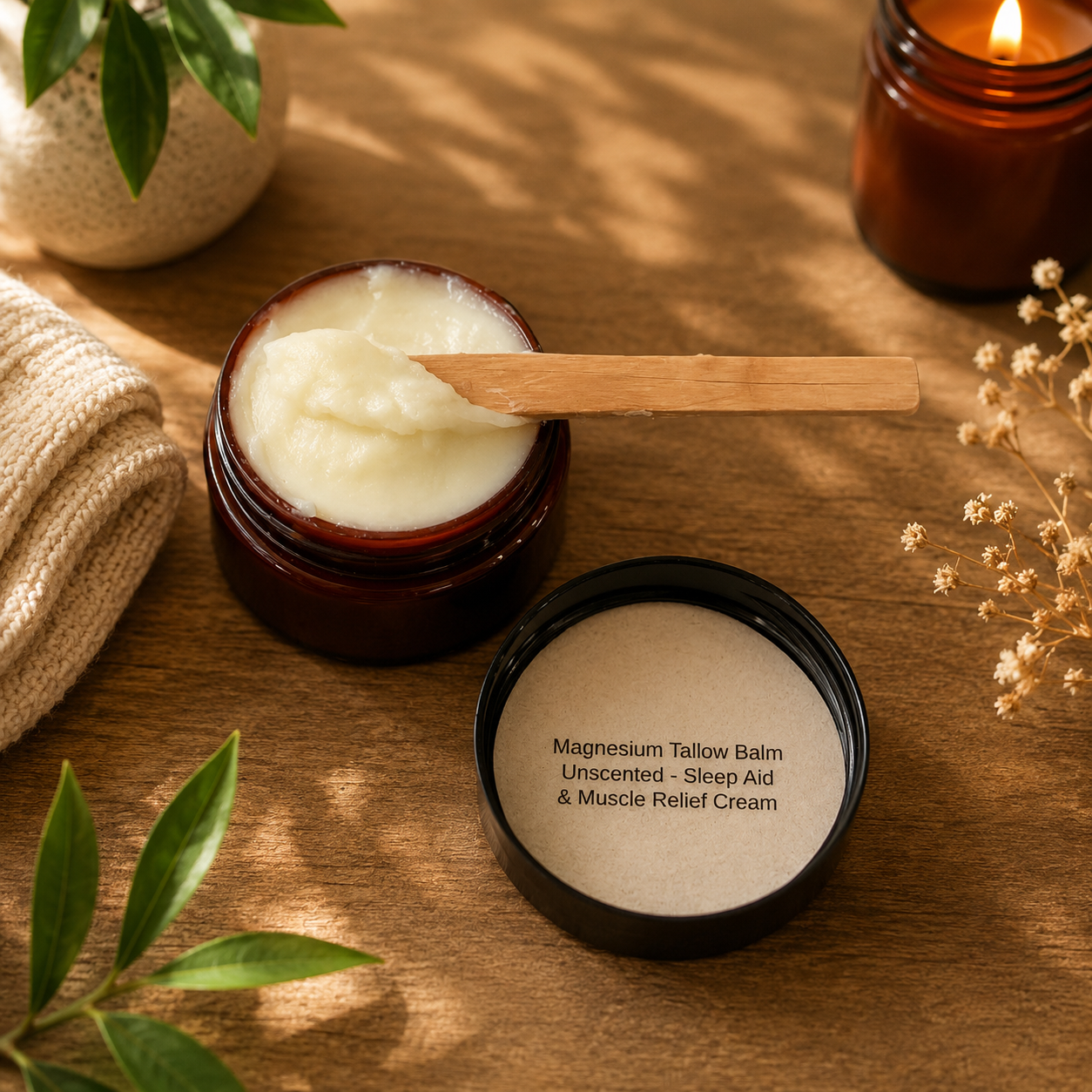 Jars of magnesium tallow balm on a wooden surface with a candle and towel in the background.