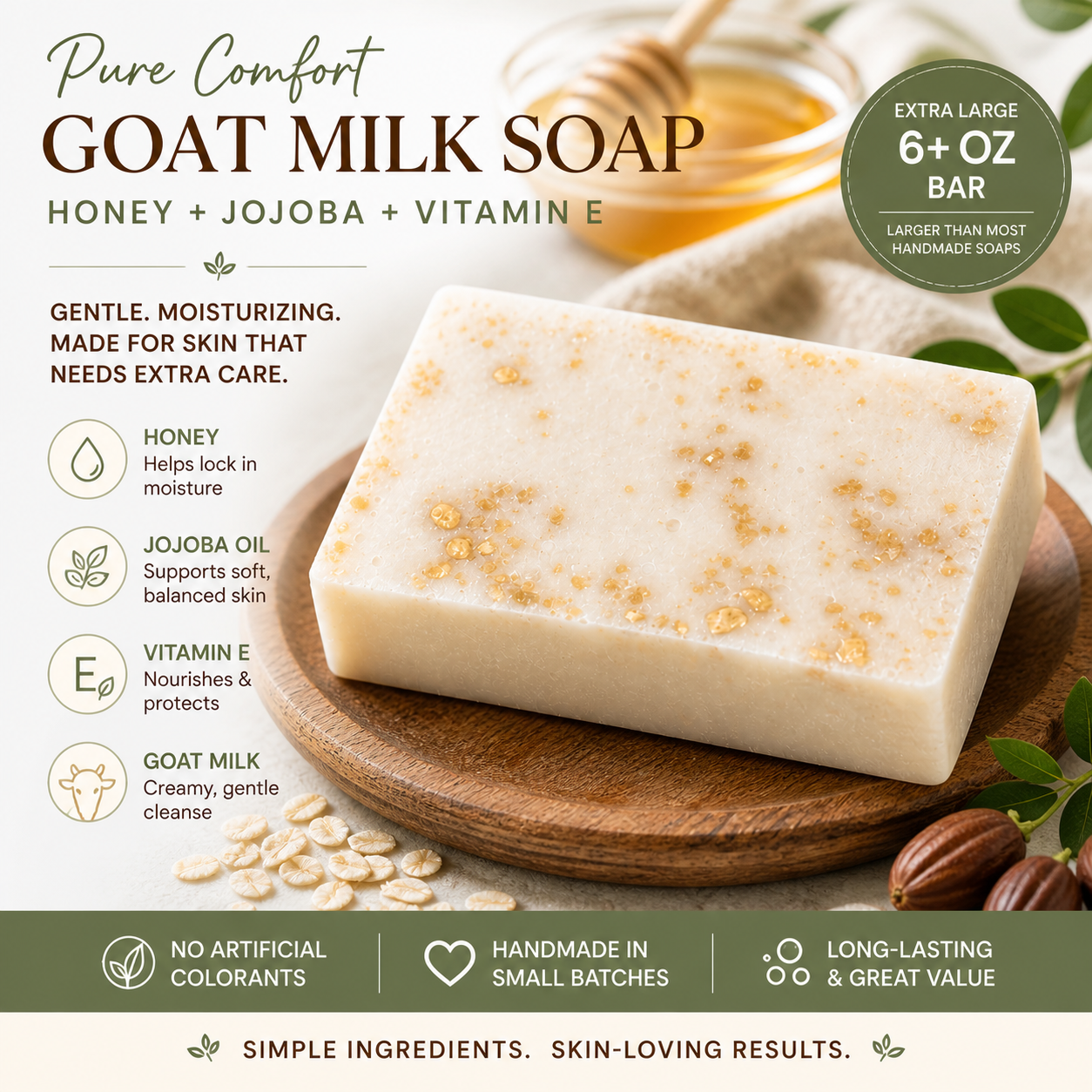 Goat milk soap bar with honey, jojoba, and vitamin E on a wooden plate with text about product features.