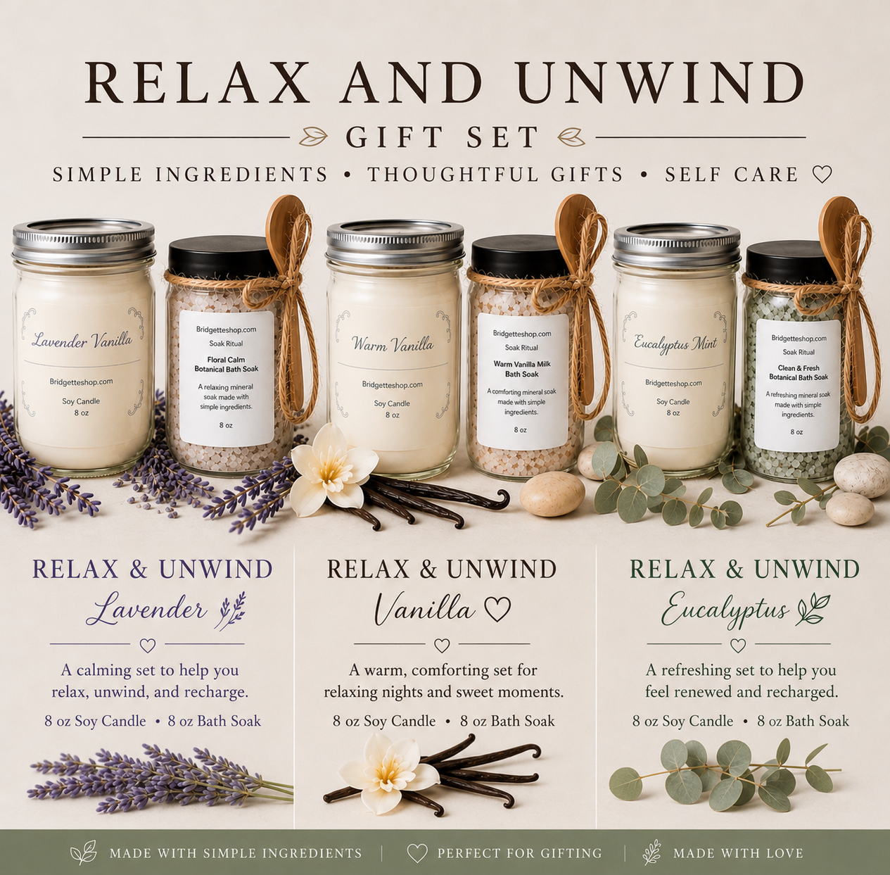 Gift set of candles and bath soaks with labels on a white background