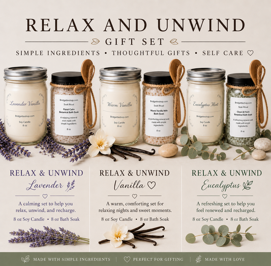 Gift set of candles and bath soaks with labels on a white background