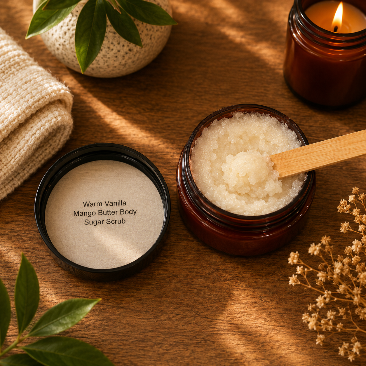 Jar of warm vanilla mango butter body sugar scrub with wooden spoon on a wooden surface.