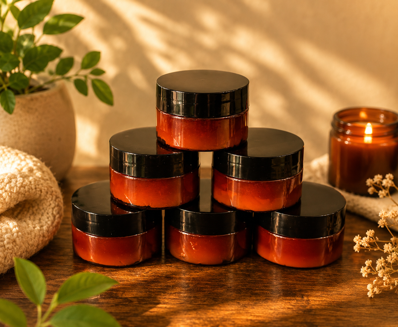 Stack of small jars with red contents on a wooden surface with a warm light