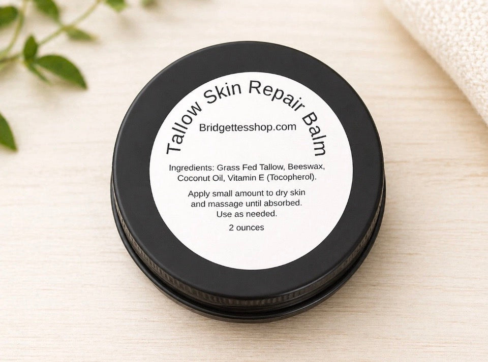 Tallow Skin Repair Balm container with label on a light background