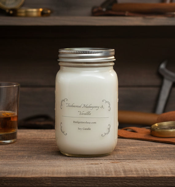 White candle in a mason jar with a silver lid on a wooden surface