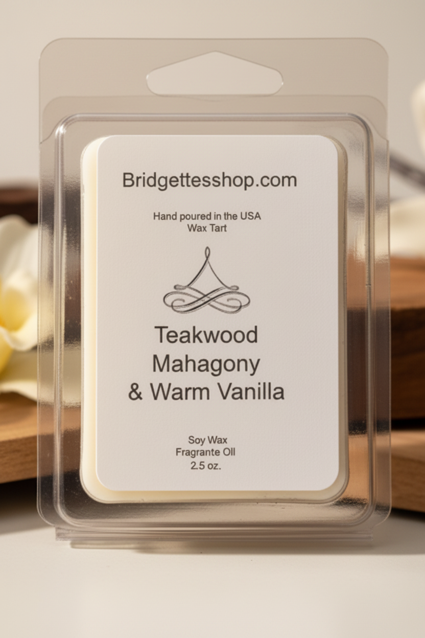 Wax tart packaging with 'Bridgettesshop.com' label on a wooden surface