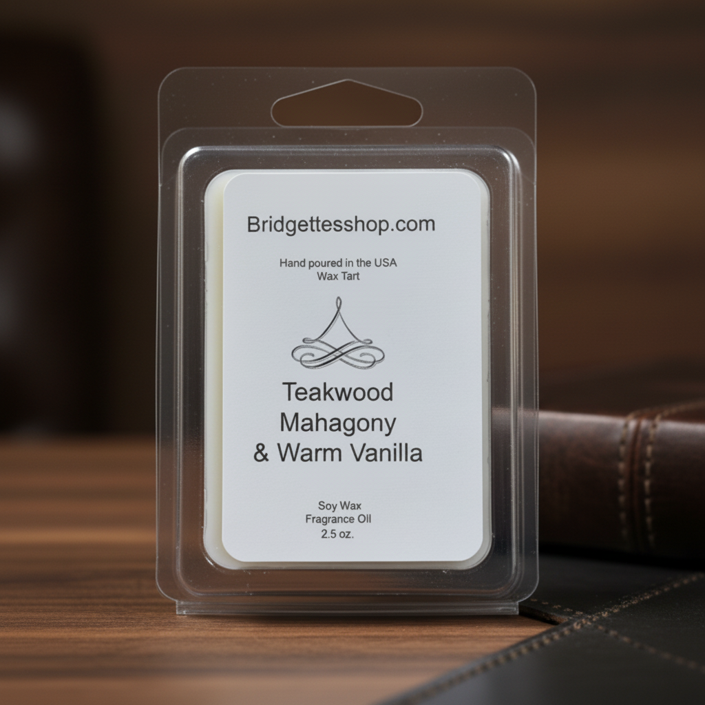 Packaged wax tart with Bridgettesshop.com label on a wooden surface
