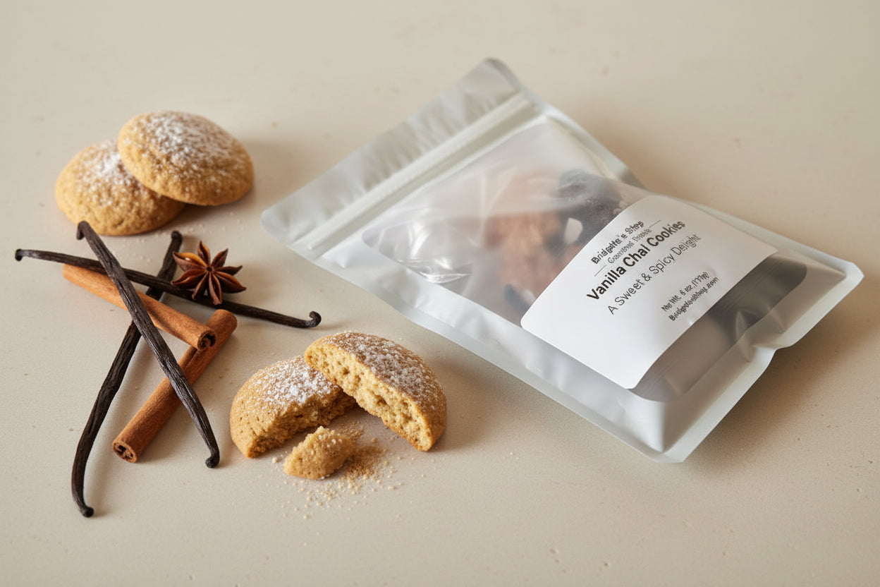 Vanilla Chai Cookie fragrance kit in a clear plastic bag on a wooden surface
