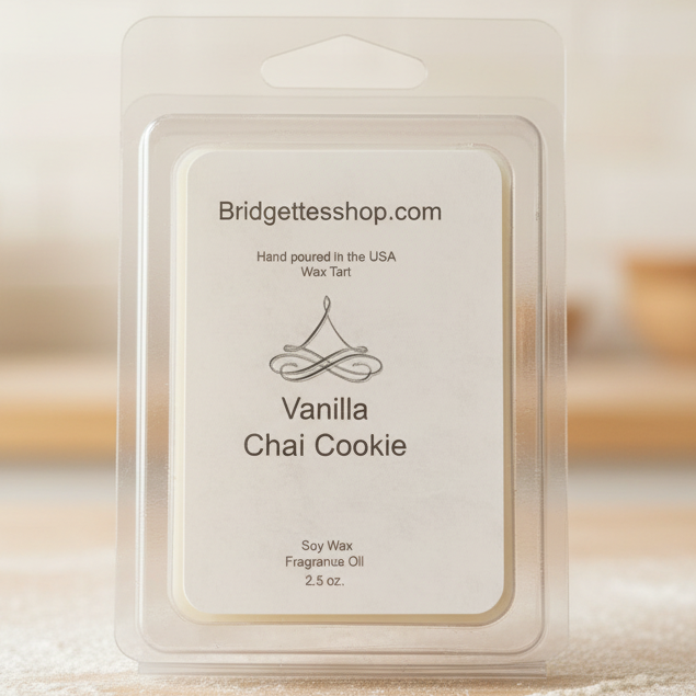 Wax tart packaging with 'Bridgettesshop.com' branding on a blurred background