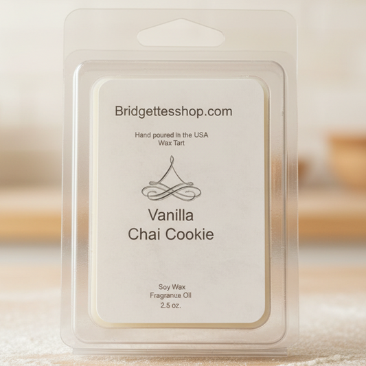 Wax tart packaging with 'Bridgettesshop.com' branding on a blurred background