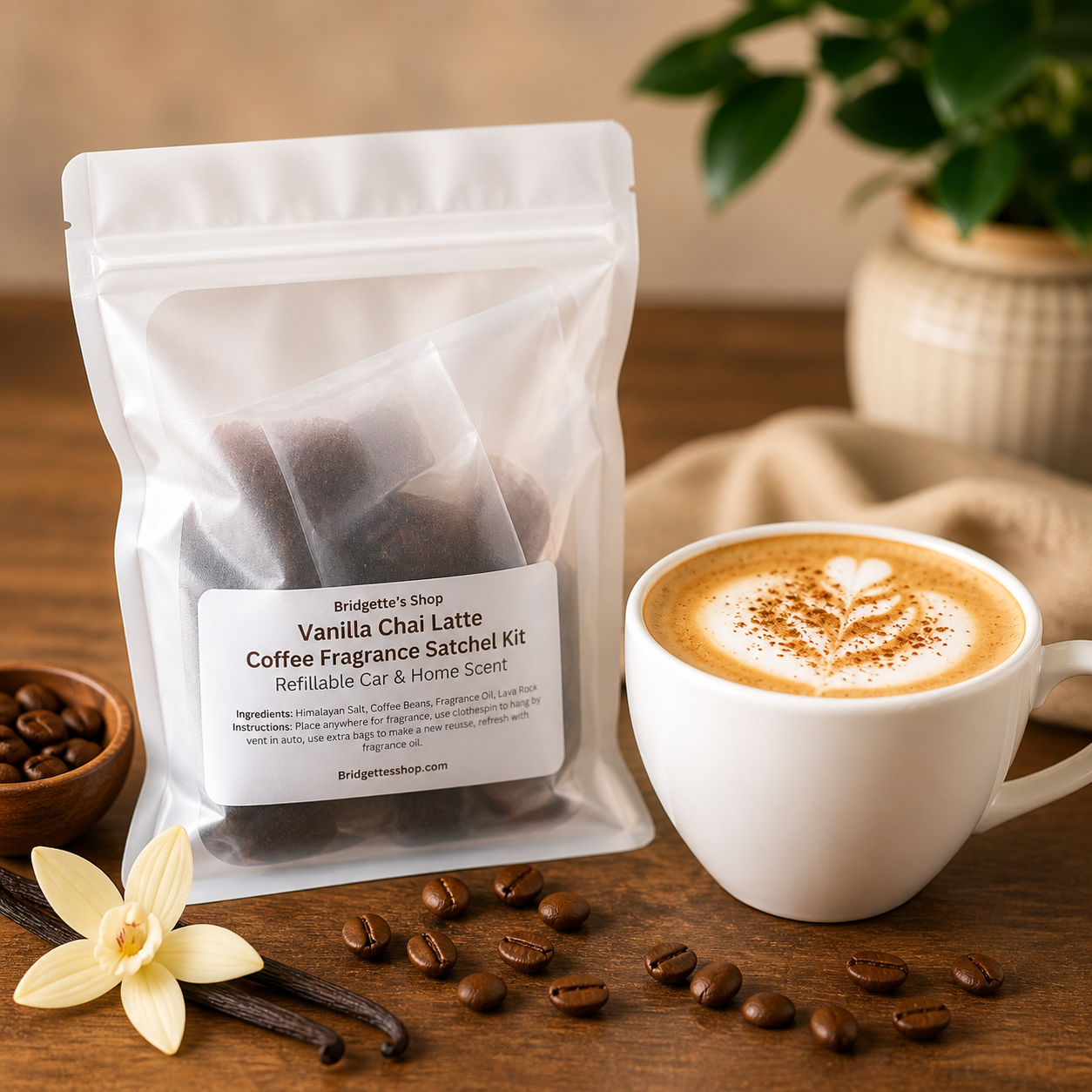 Vanilla Chai Latte coffee fragrance satchel kit with a cup of coffee and coffee beans on a wooden surface.