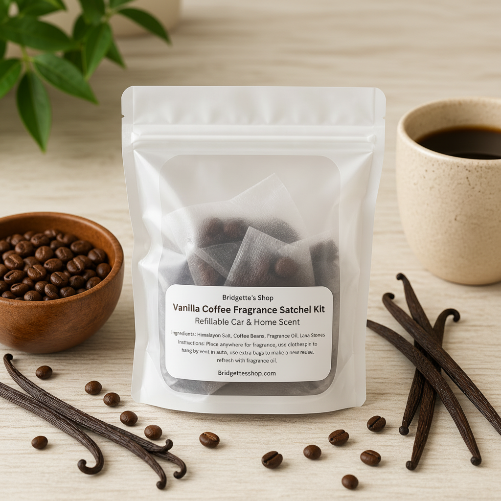 Vanilla coffee fragrance satchel kit with coffee beans, vanilla pods, and a cup of coffee on a wooden surface.