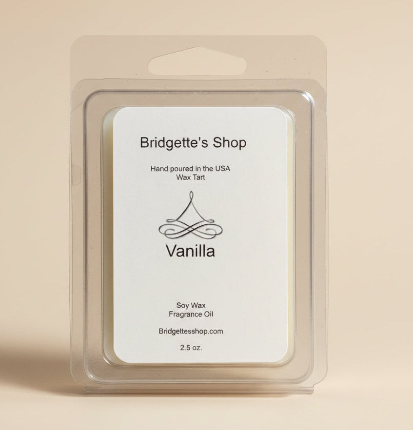 Wax tart packaging with 'Bridgette's Shop' label on a beige background