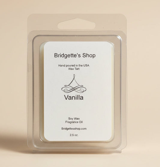 Wax tart packaging with 'Bridgette's Shop' label on a beige background