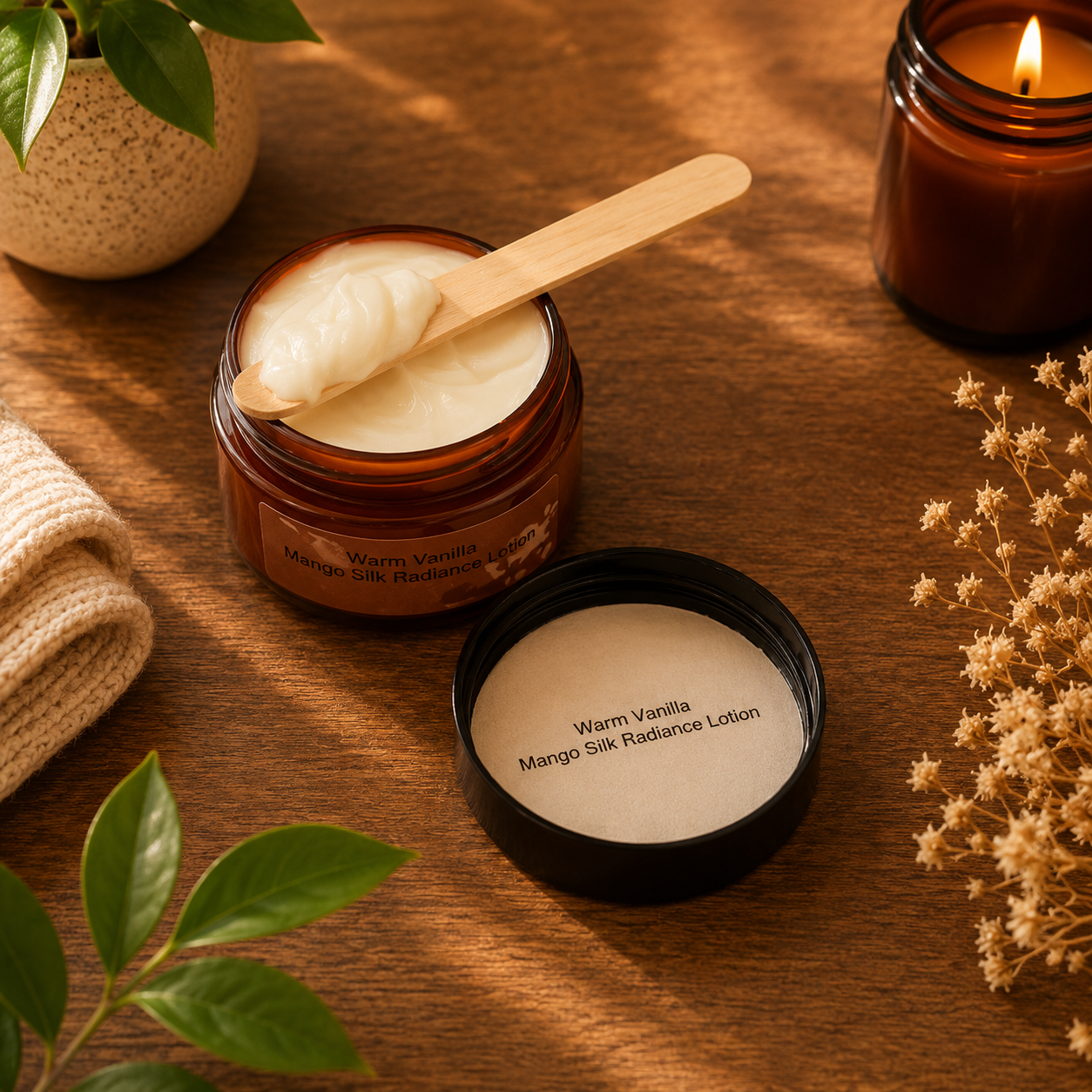 Jar of lotion with a wooden spoon, candle, and plants on a wooden surface
